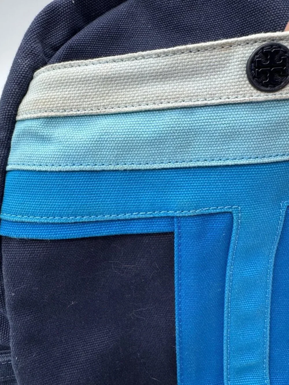 Tory Burch Mini Backpack With Blue Stripe Design & Adjustable Straps